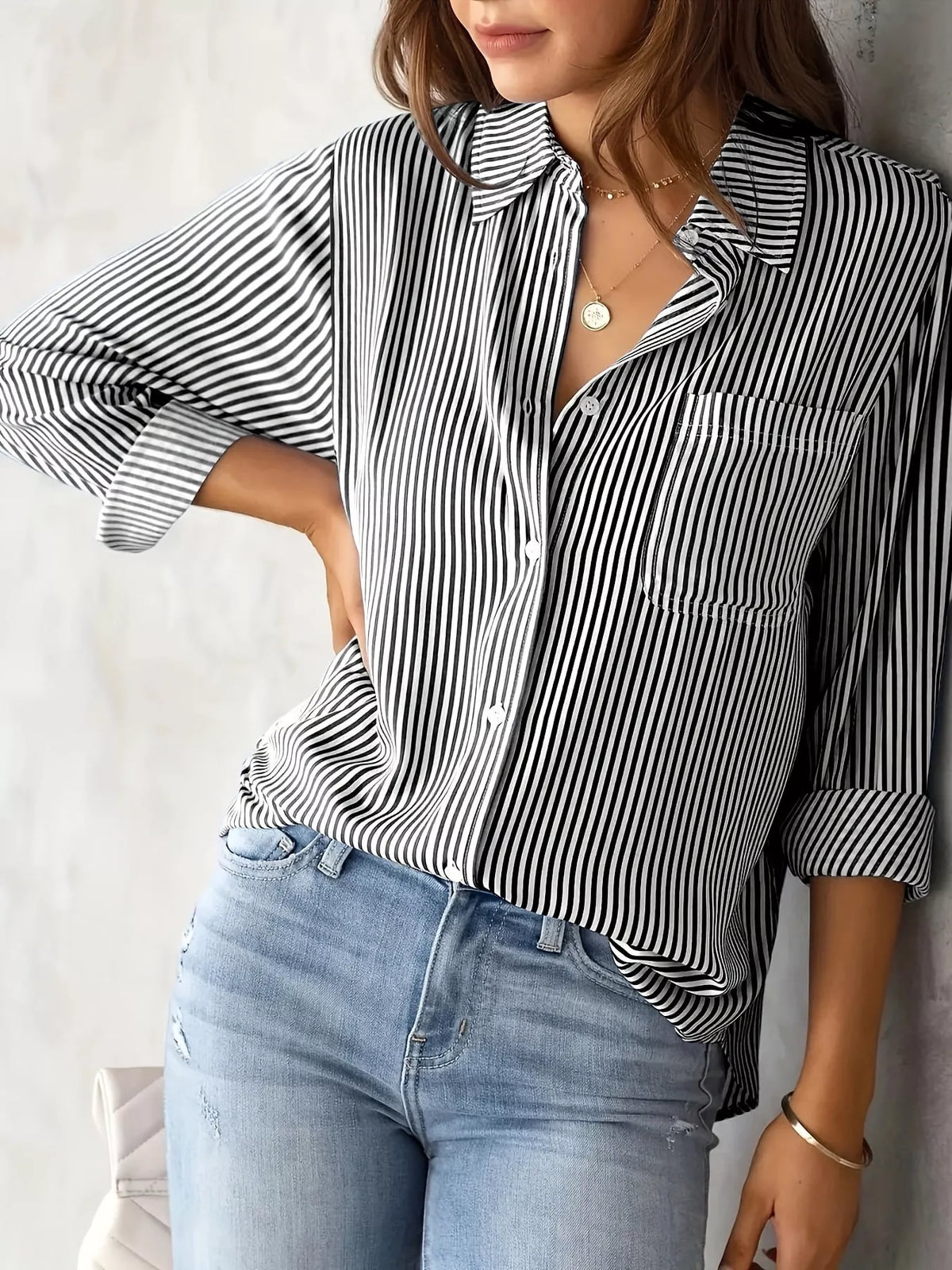 Striped long shirt, gray front