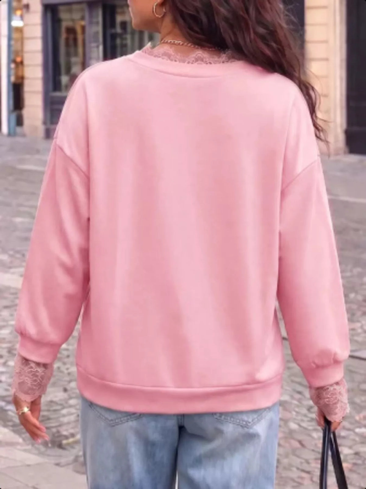 Lace Trim Split Sleeve Sweatshirt in pink, back view