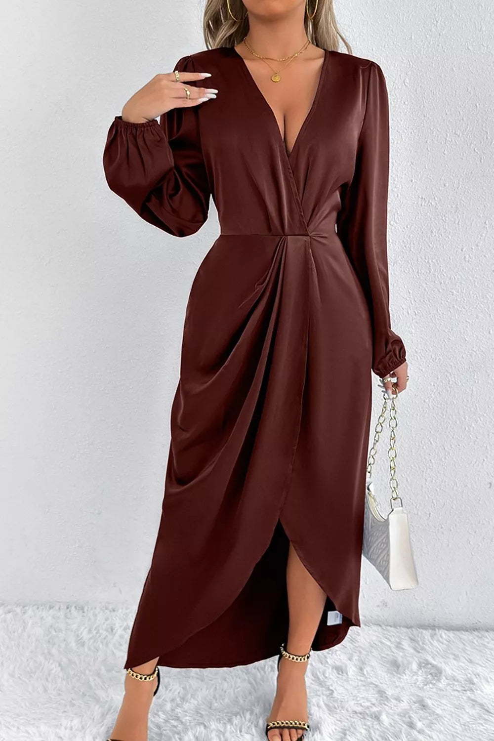 Trendsi Satin Balloon Sleeve Midi Dress -