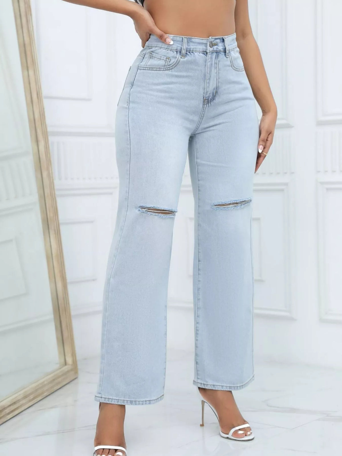 Knee-Ripped Wide-Leg Jeans in light blue, front view