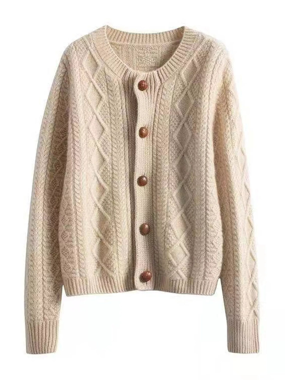 Beige cable-knit button-down cardigan