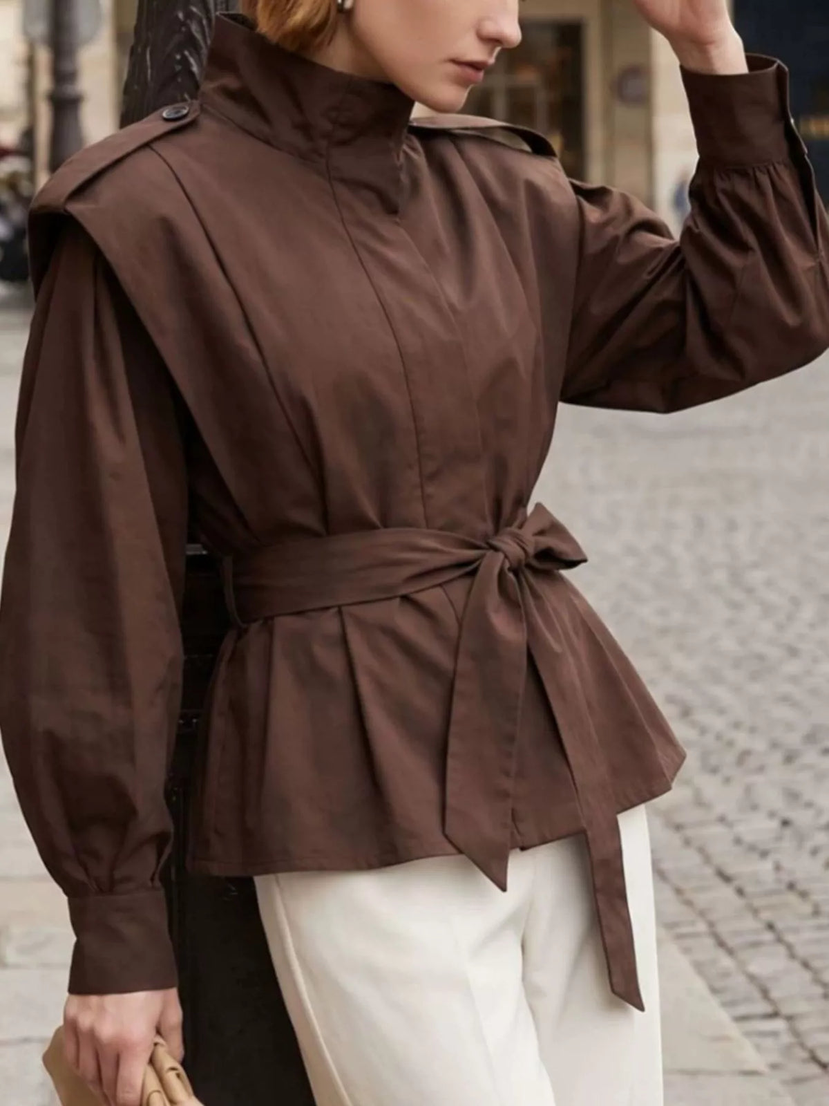 Trendsi Stand-Collar Belted Outerwear -