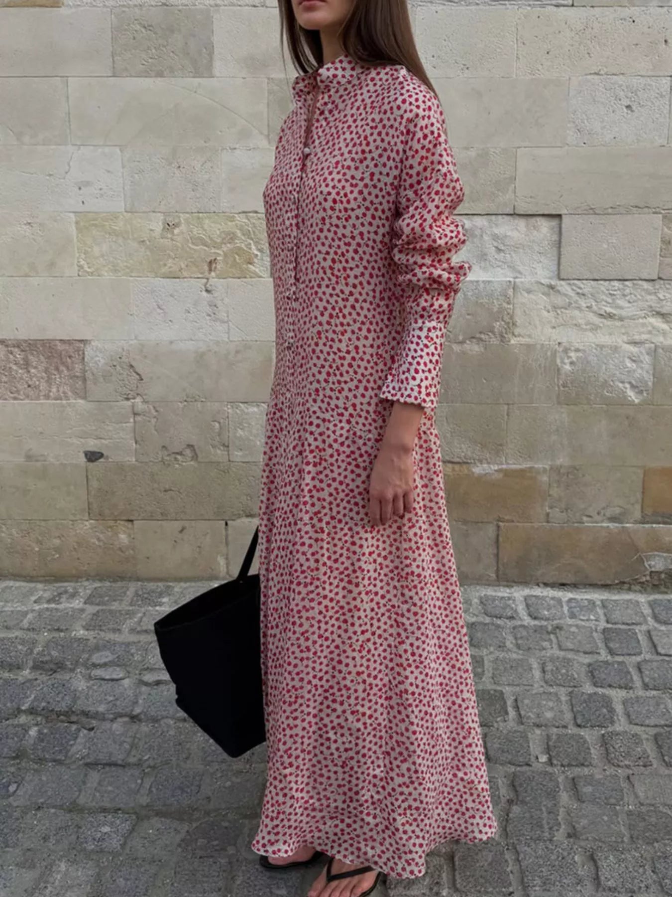Trendsi Floral Button Front Long Sleeve Dress -