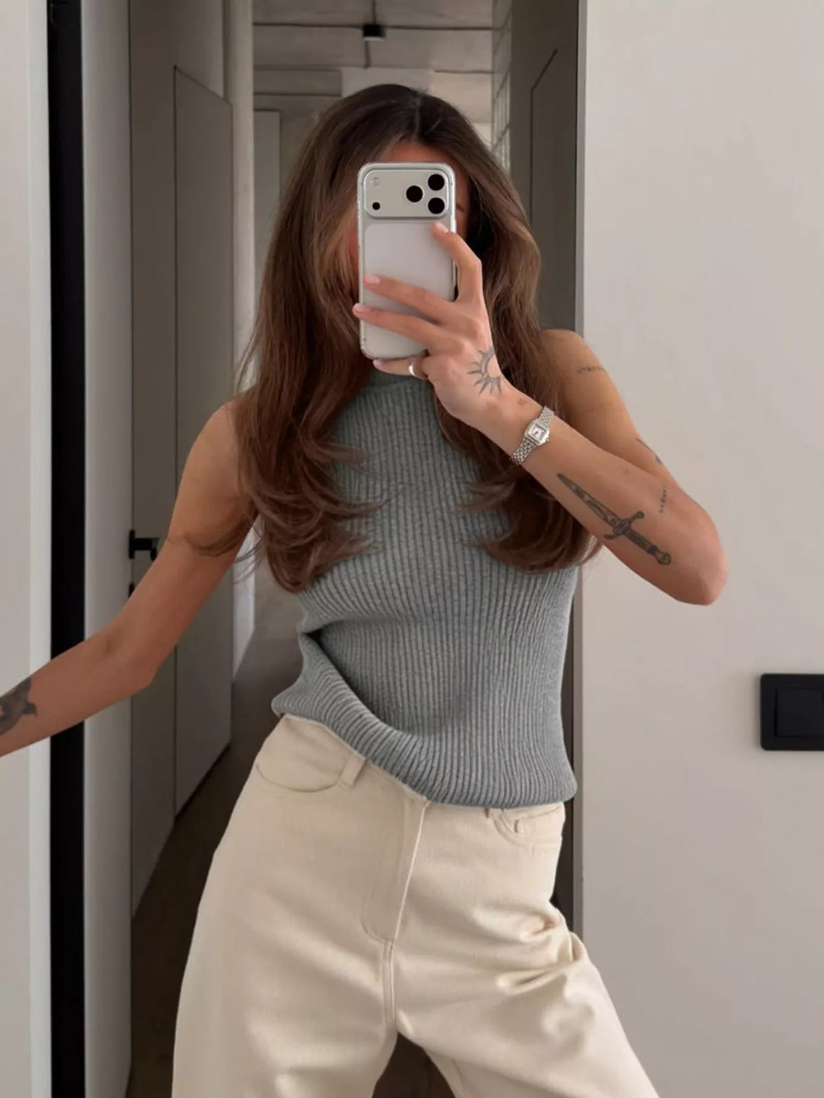 Gray ribbed halter-neck tank, front mirror view