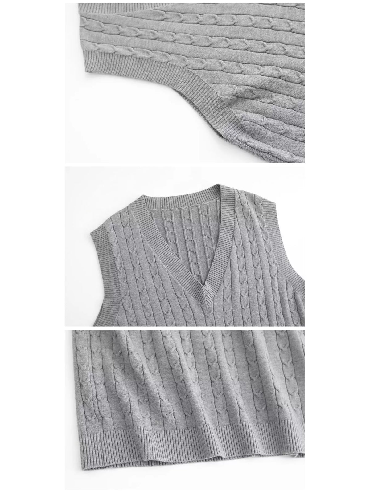 Cable-knit sweater vest, gray detail collage