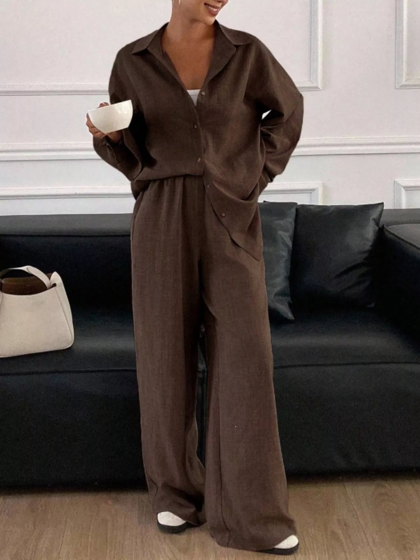 Trendsi Button Up Long Sleeve Shirt and Wide Leg Pants Set -