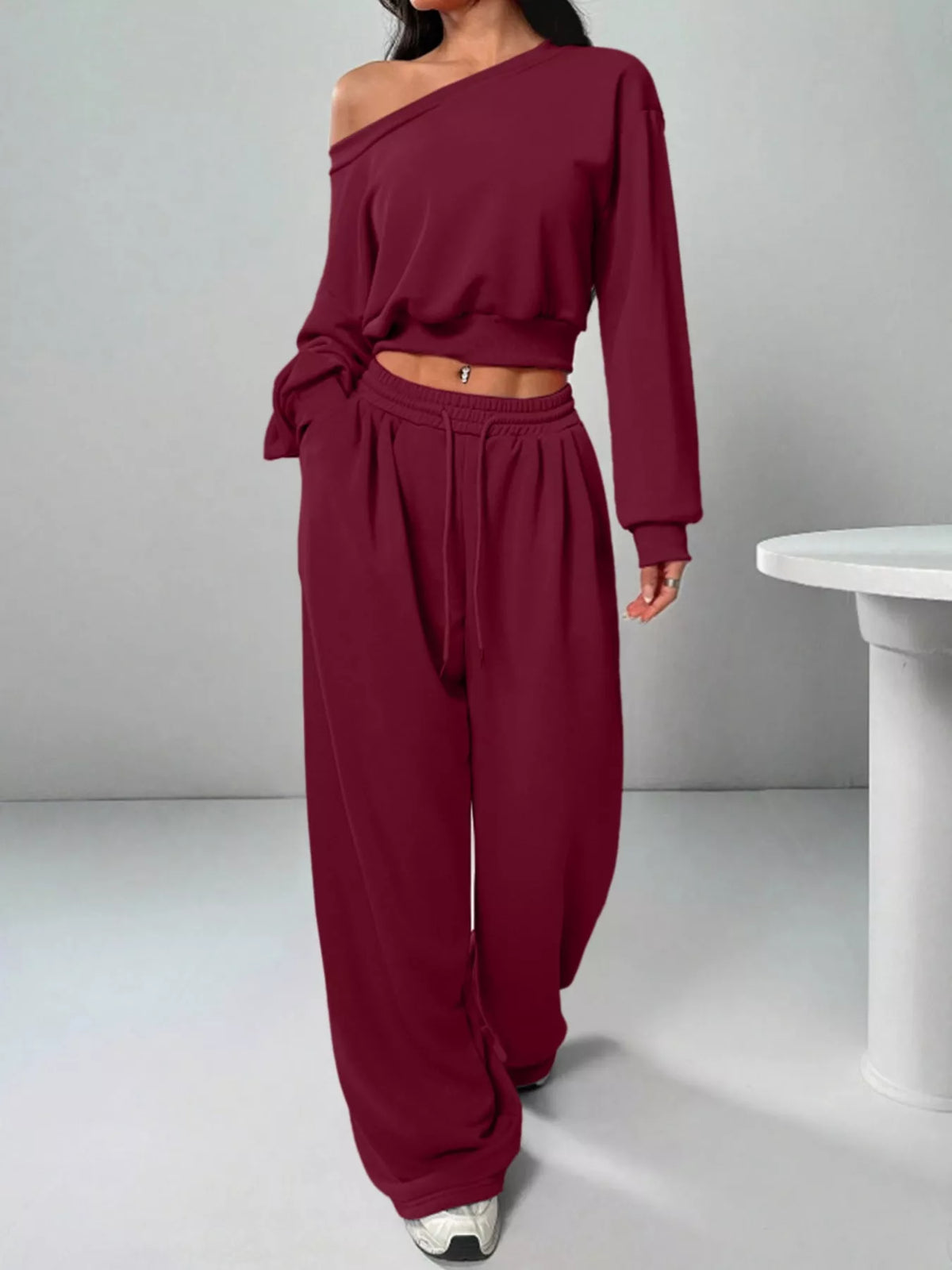Burgundy wide-leg top and pants set