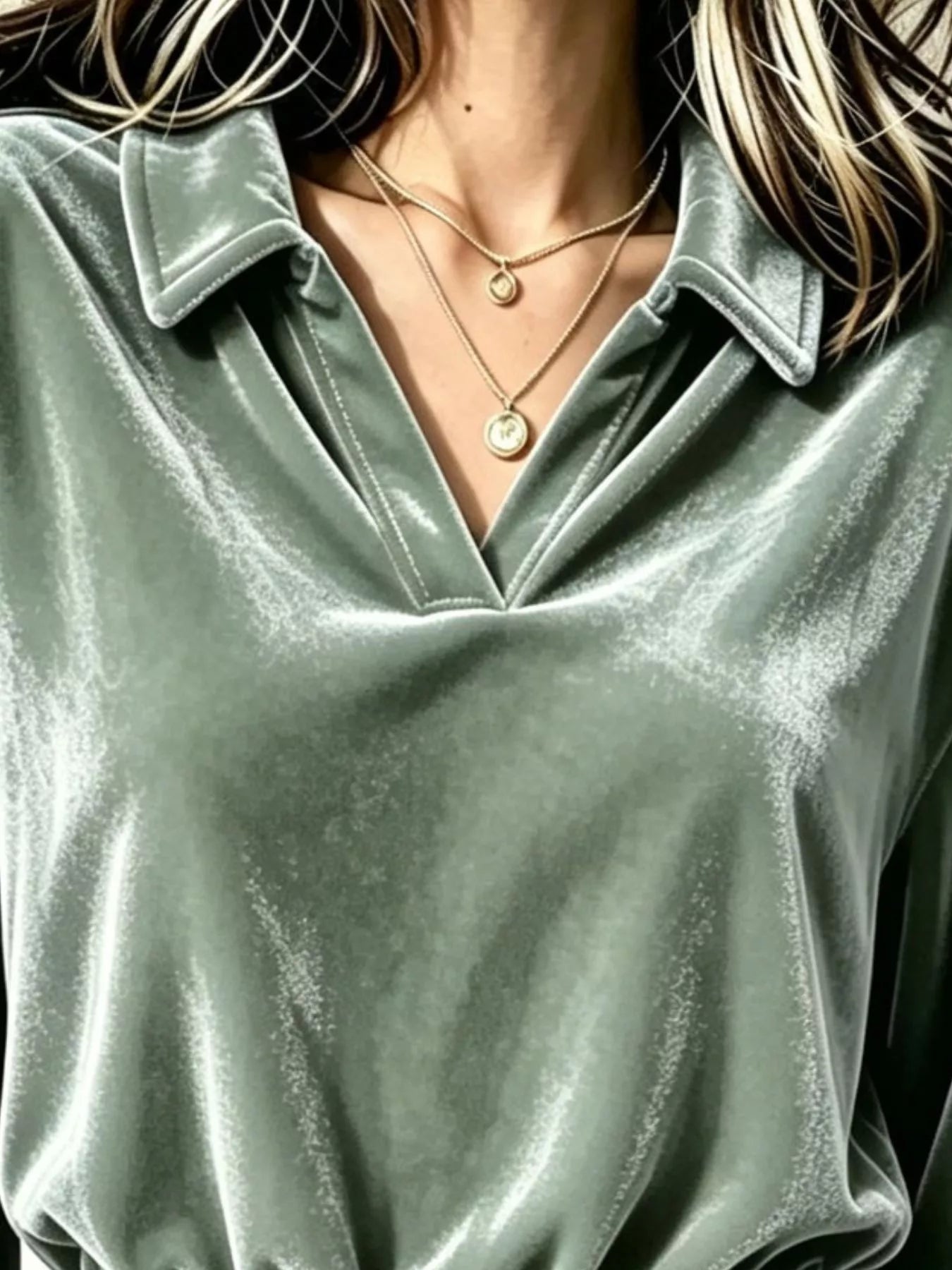 Trendsi Velvet Johnny Collar Long Sleeve Blouse -
