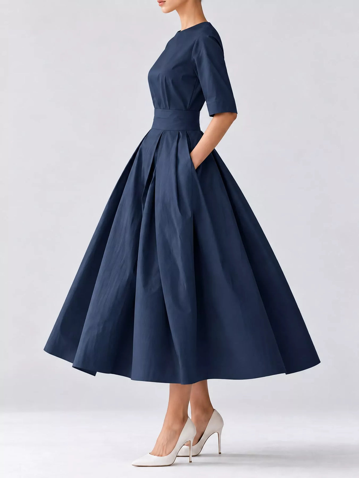 Round neck short sleeve midi dress, side view