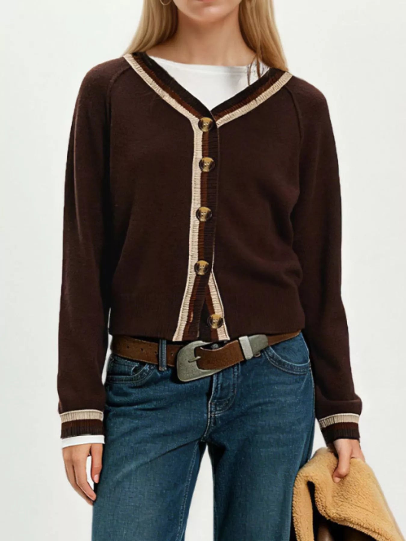 Trendsi Striped Trim Button-Down Cardigan -