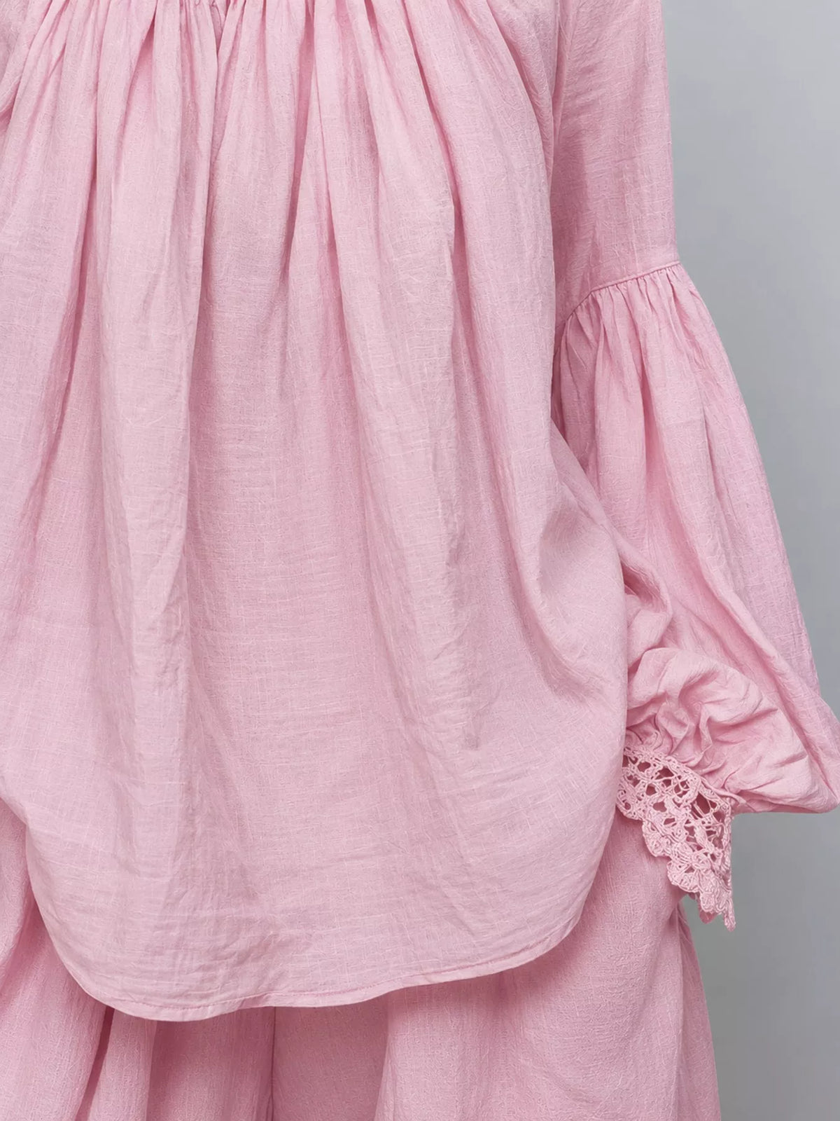 Pink lace mock neck long sleeve blouse, detail view