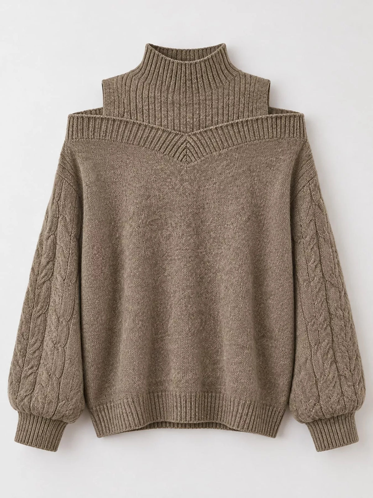 Taupe cold shoulder mock neck cable knit sweater, front view