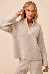 Trendsi BiBi Two Tone Rib Texured Knit Collared Top with Zip Up -