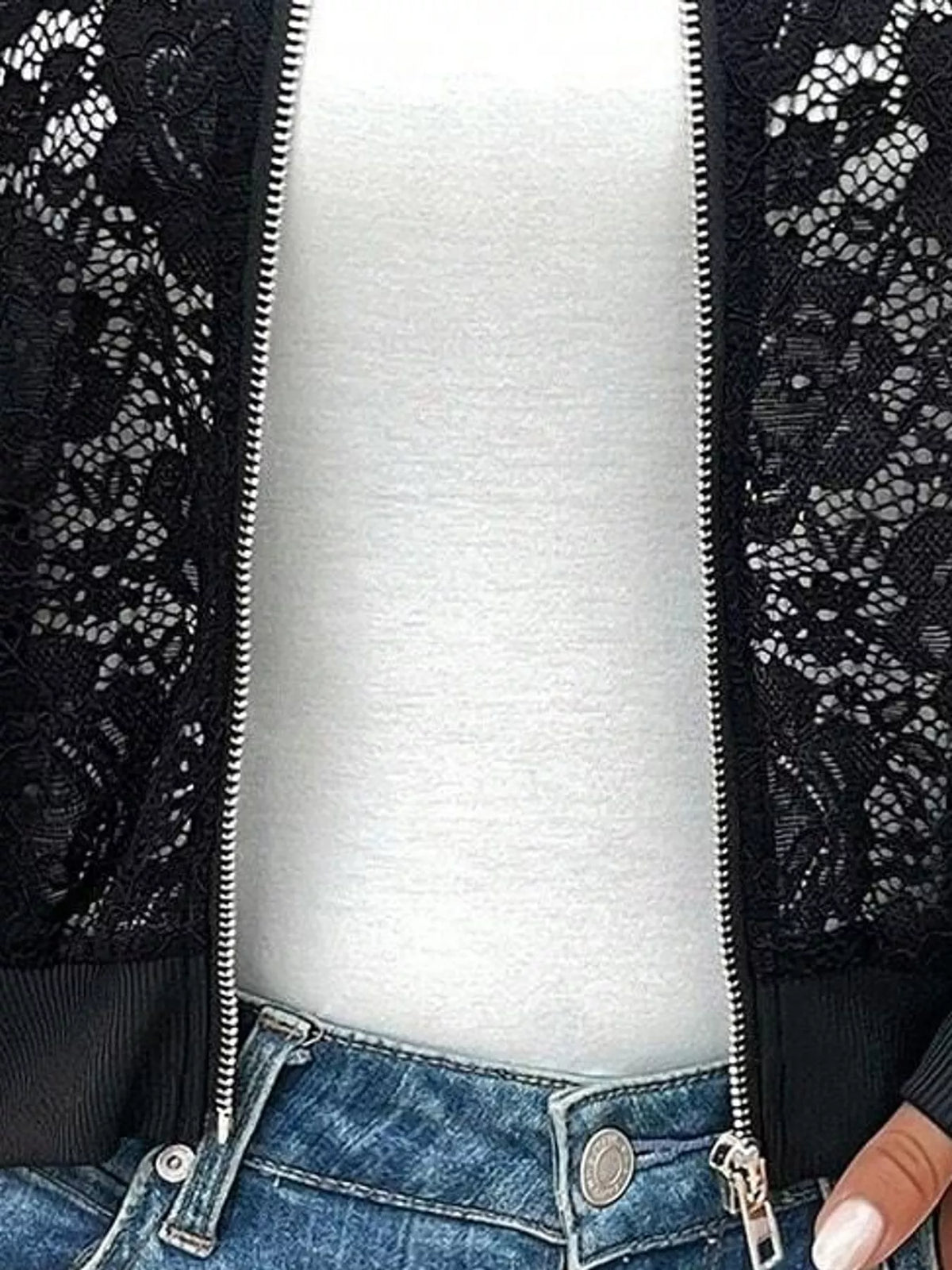 Black sheer lace zip-up jacket, zipper, floral lace panels, and ribbed hem
