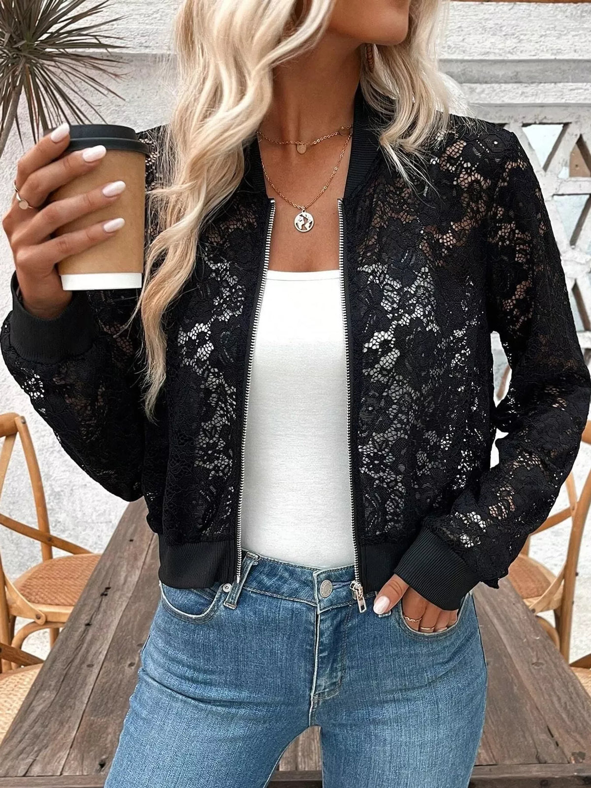 Black sheer lace zip-up jacket