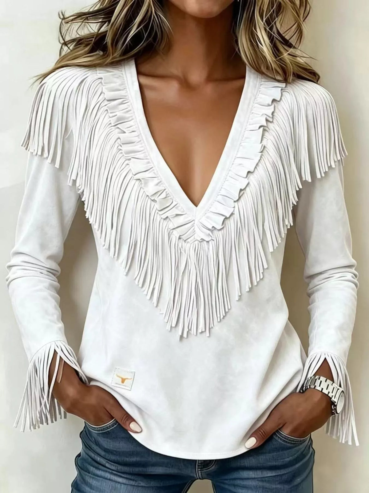 Fringed V-Neck Blouse in white, front view