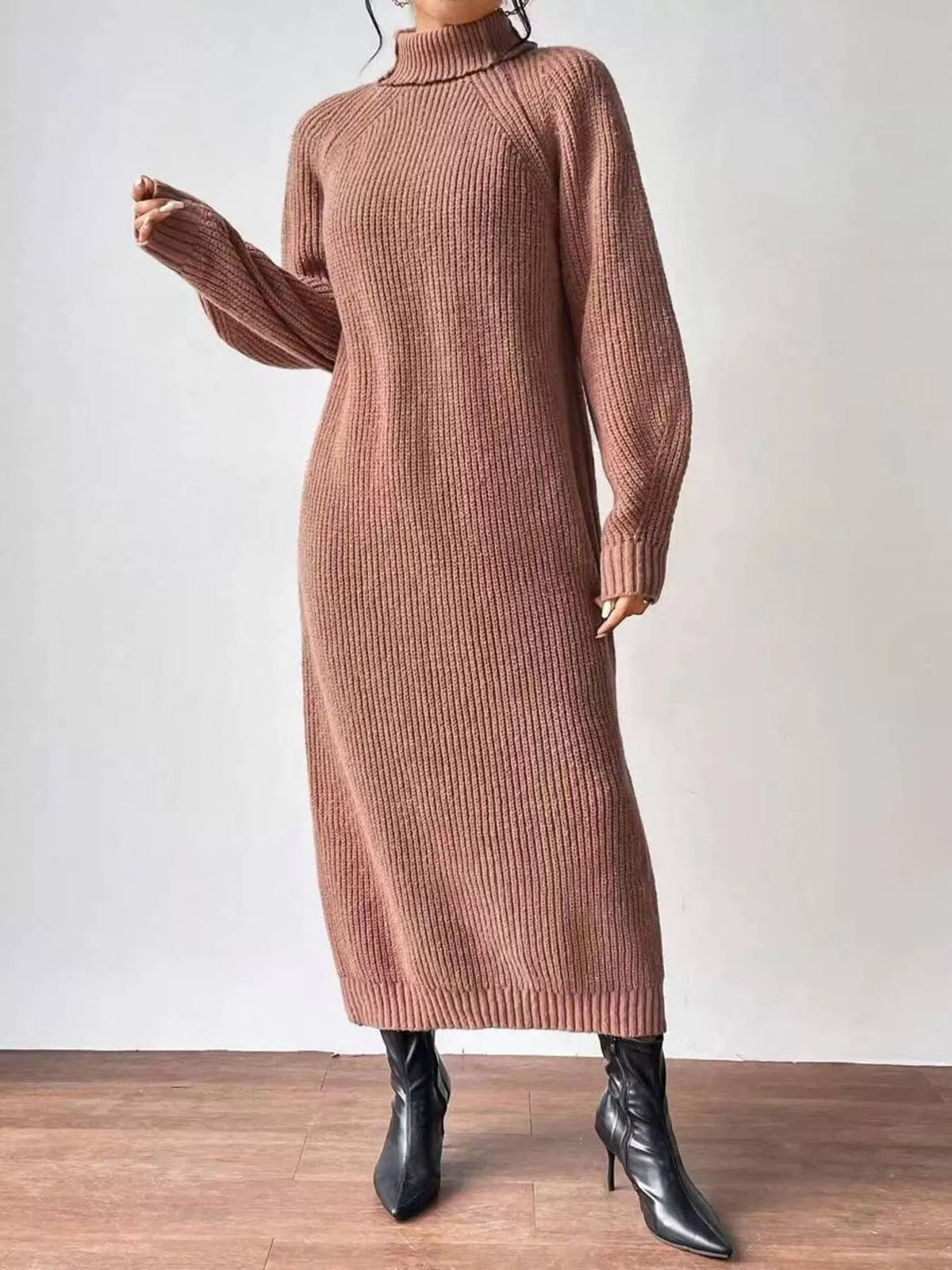 Turtleneck Ribbed Knit Midi Sweater Dress in pink, front view