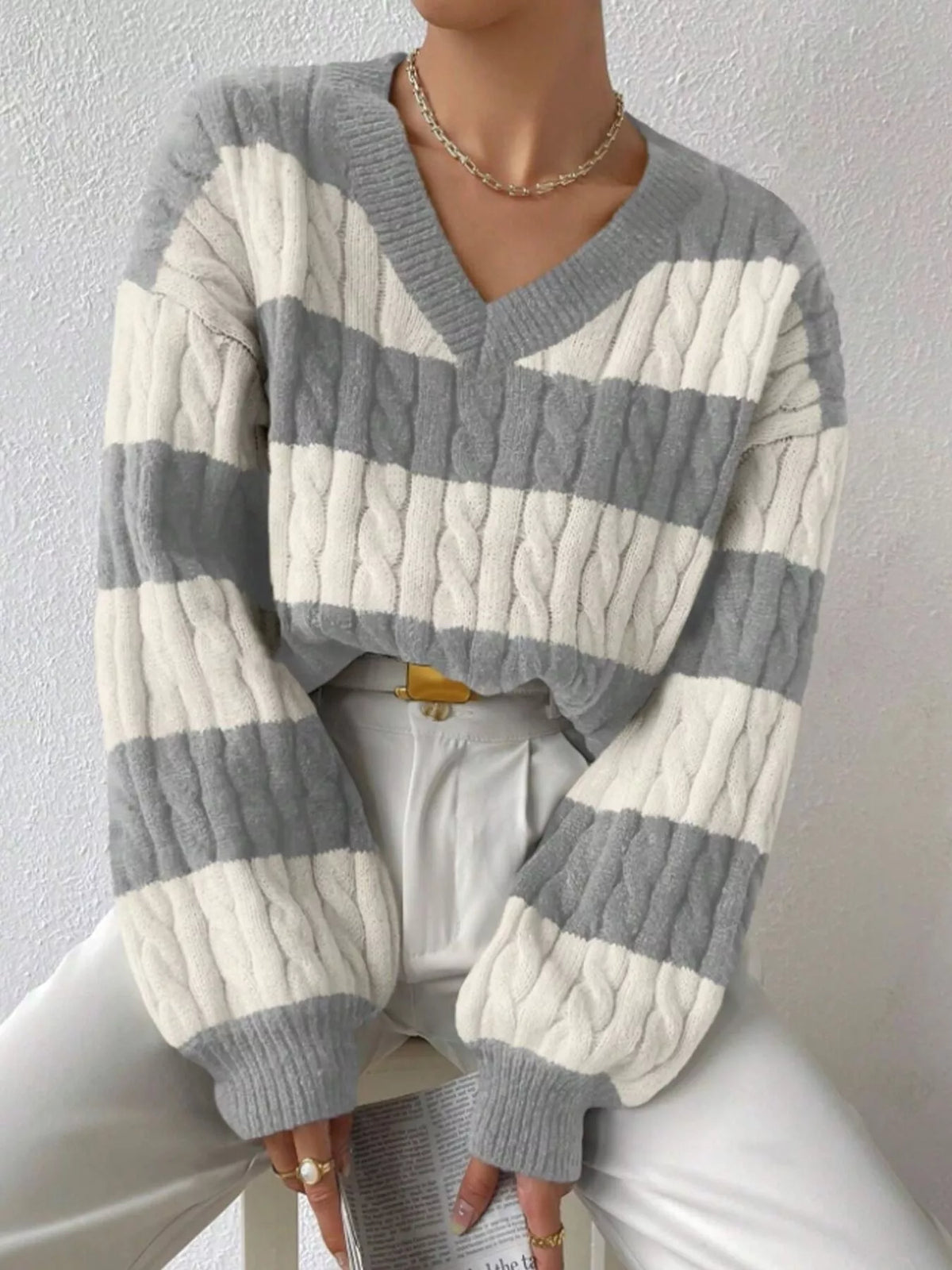 Women's V-Neck Striped Cable Knit Sweater in Light Gray, front view
