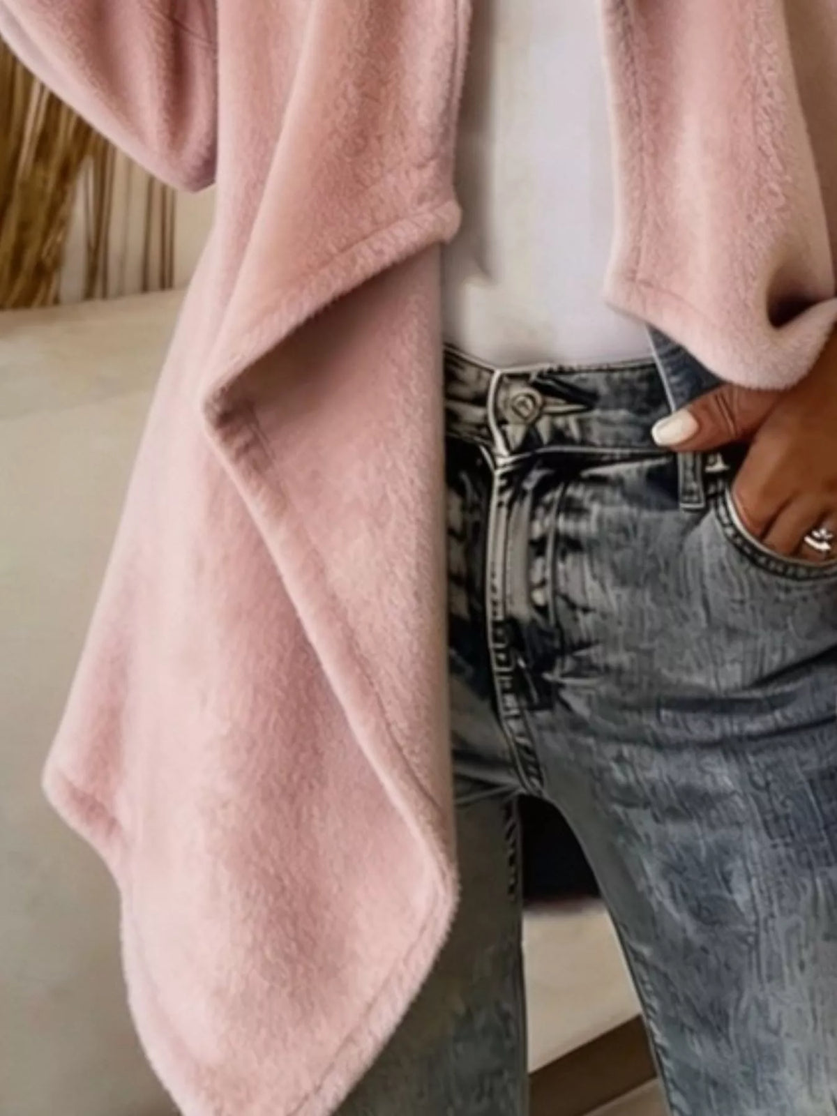 Pink fleece waterfall collar jacket, draped front hem