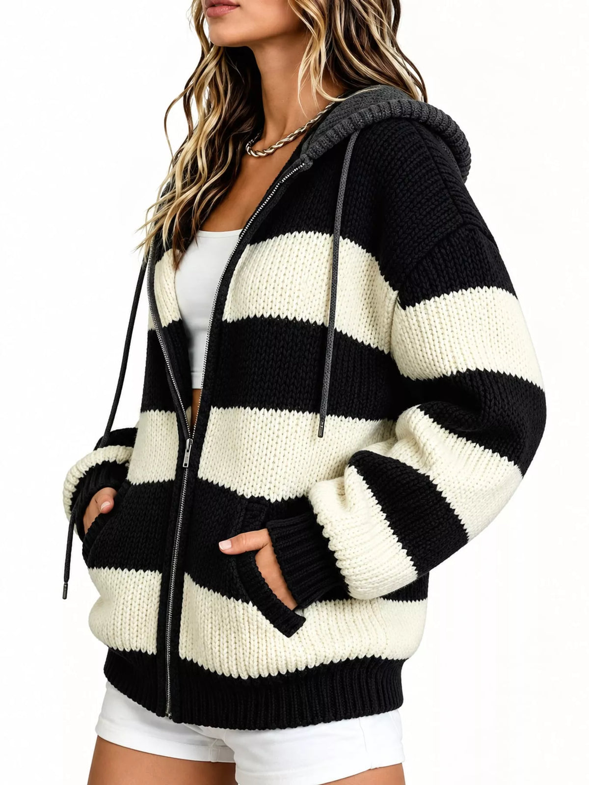 Hooded long sleeve cardigan, side view