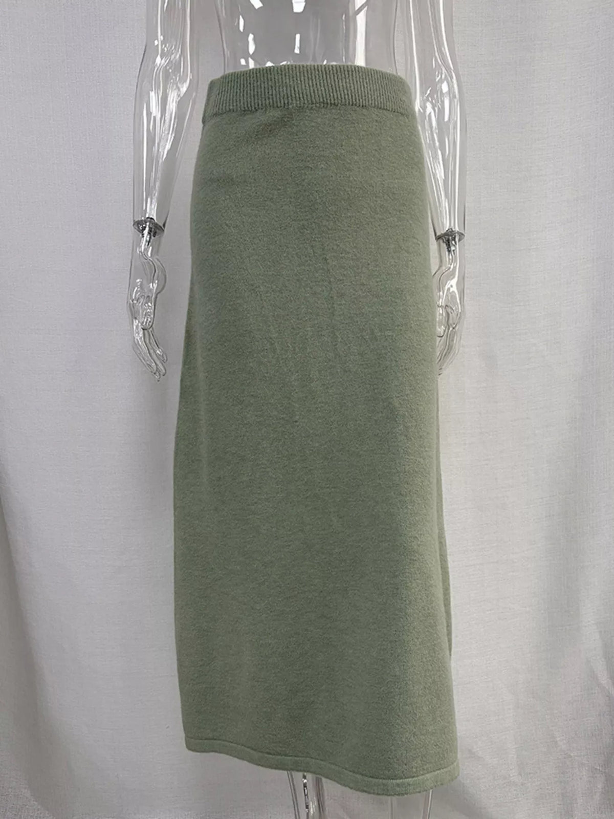 Zip-up cardigan and midi skirt knit set in sage green, skirt front view