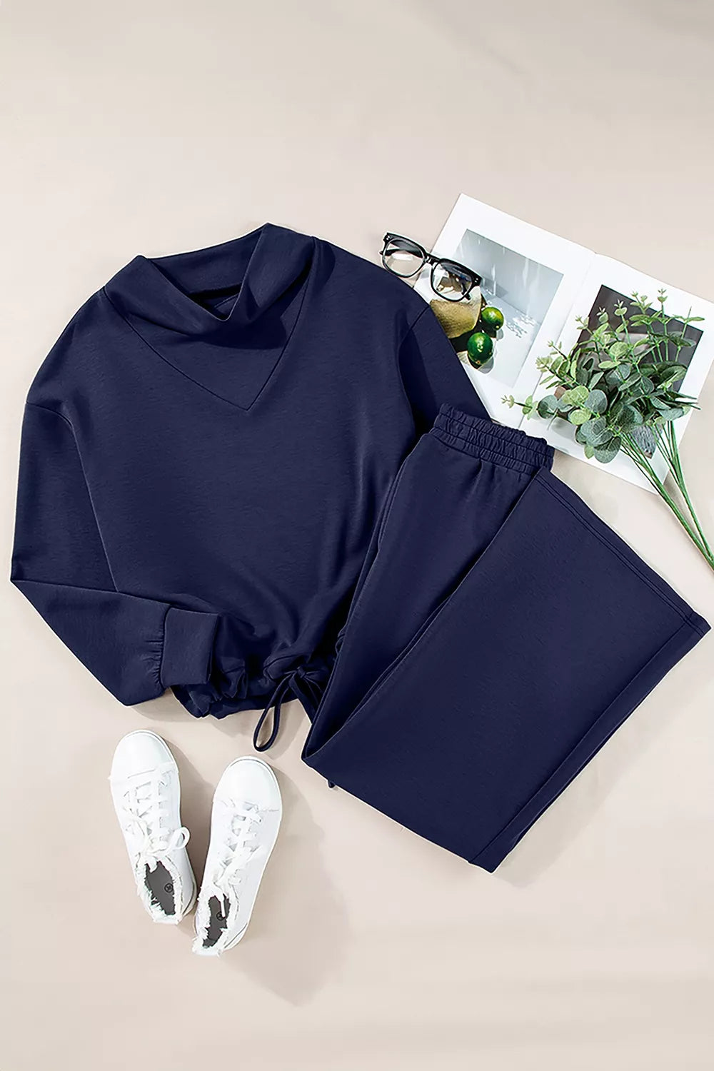Trendsi Solid Color Cowl Neck Drawstring Pullover Wide Leg Athleisure Pants Set -