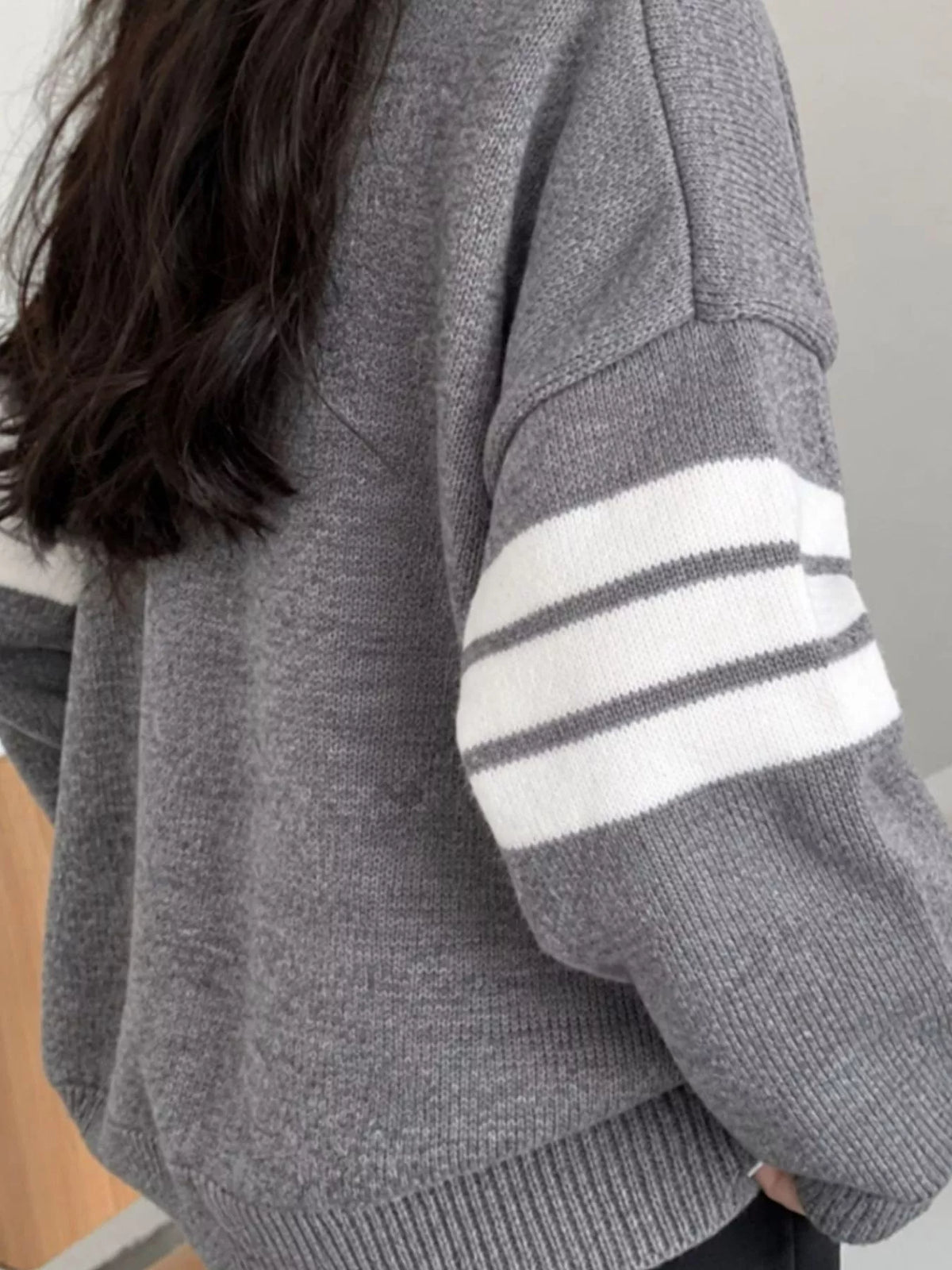 Stripes Long Sleeve V-Neck Cardigan, detail view in gray