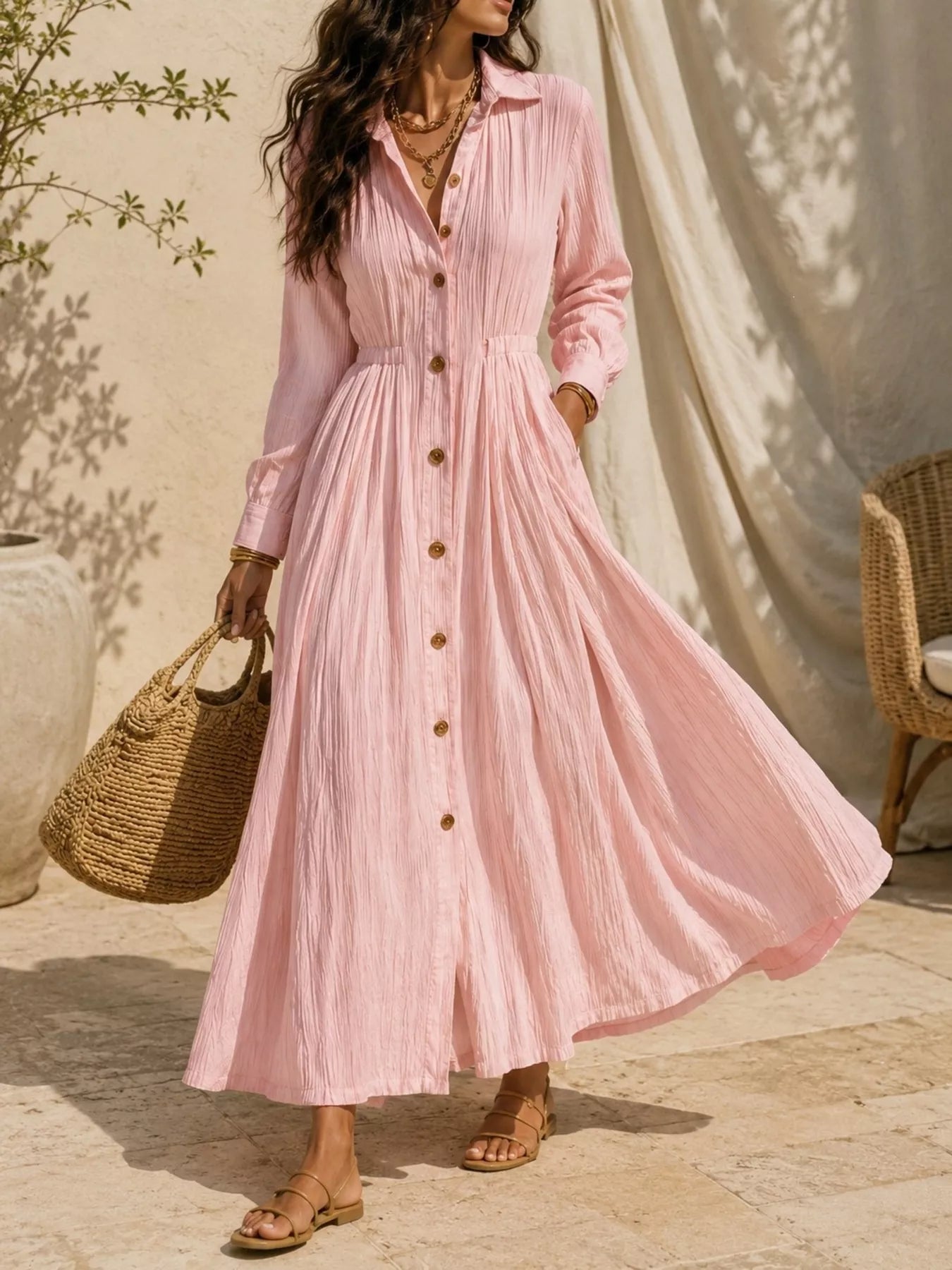 Trendsi Full Size Textured Button Front Long Sleeve Maxi Dress Plus Size -