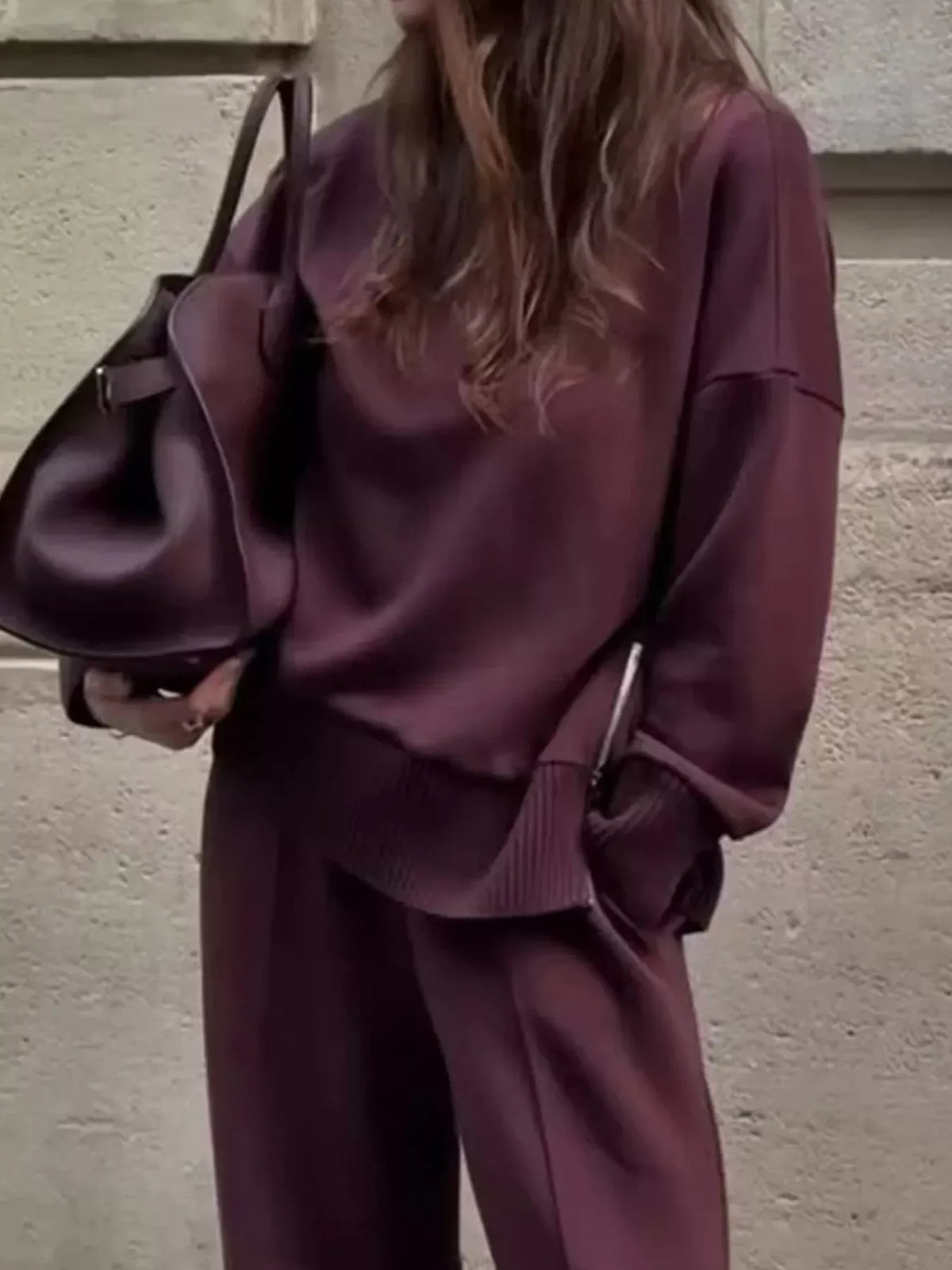 Dropped Shoulder Sweatshirt and Wide-Leg Pants Set in burgundy, top and zipper detail