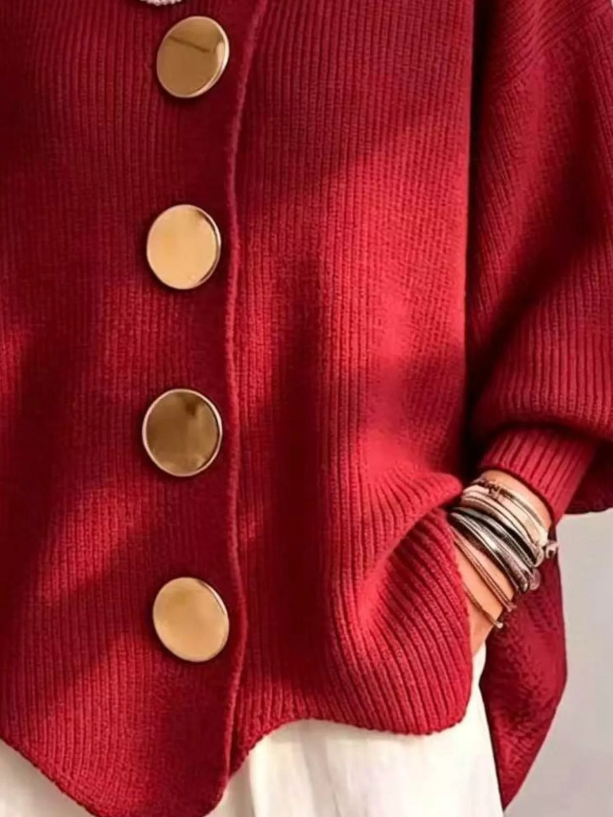 Women's Ribbed Knit Gold Buttons Cardigan in red — button detail view