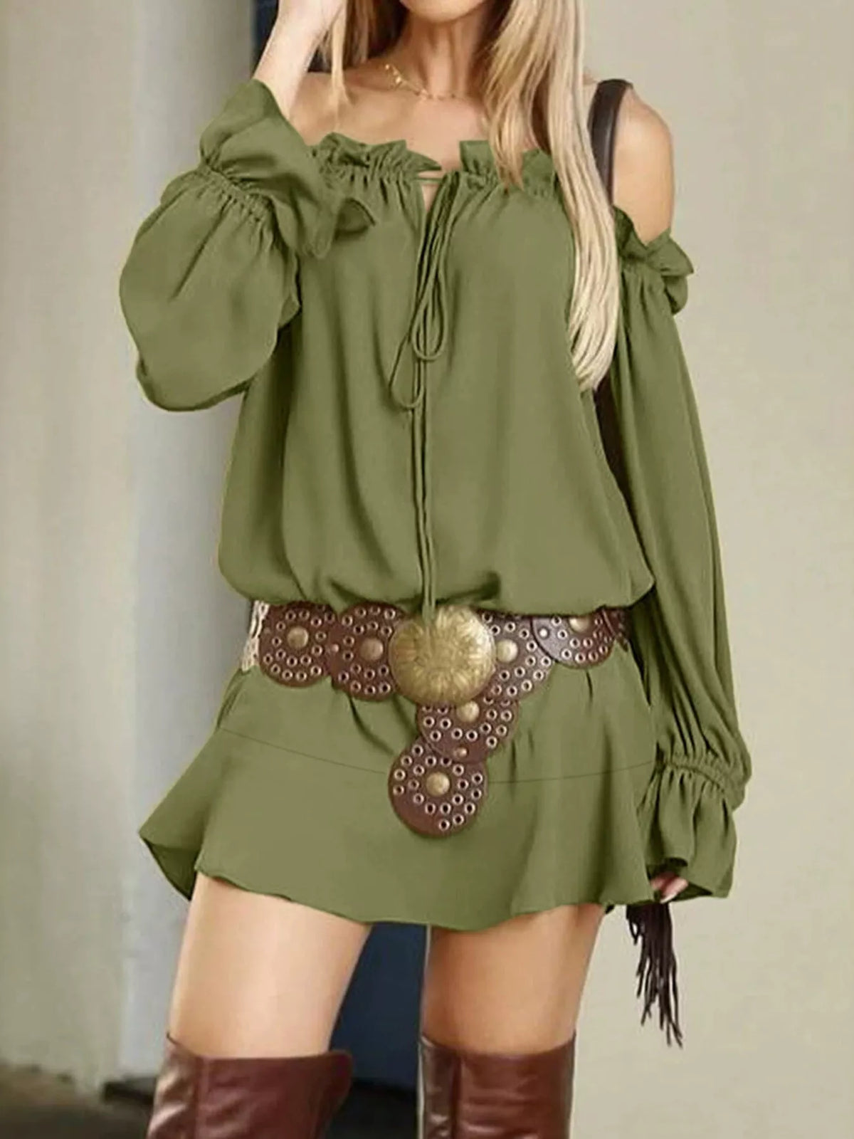 Green off-shoulder long sleeve ruffle mini dress