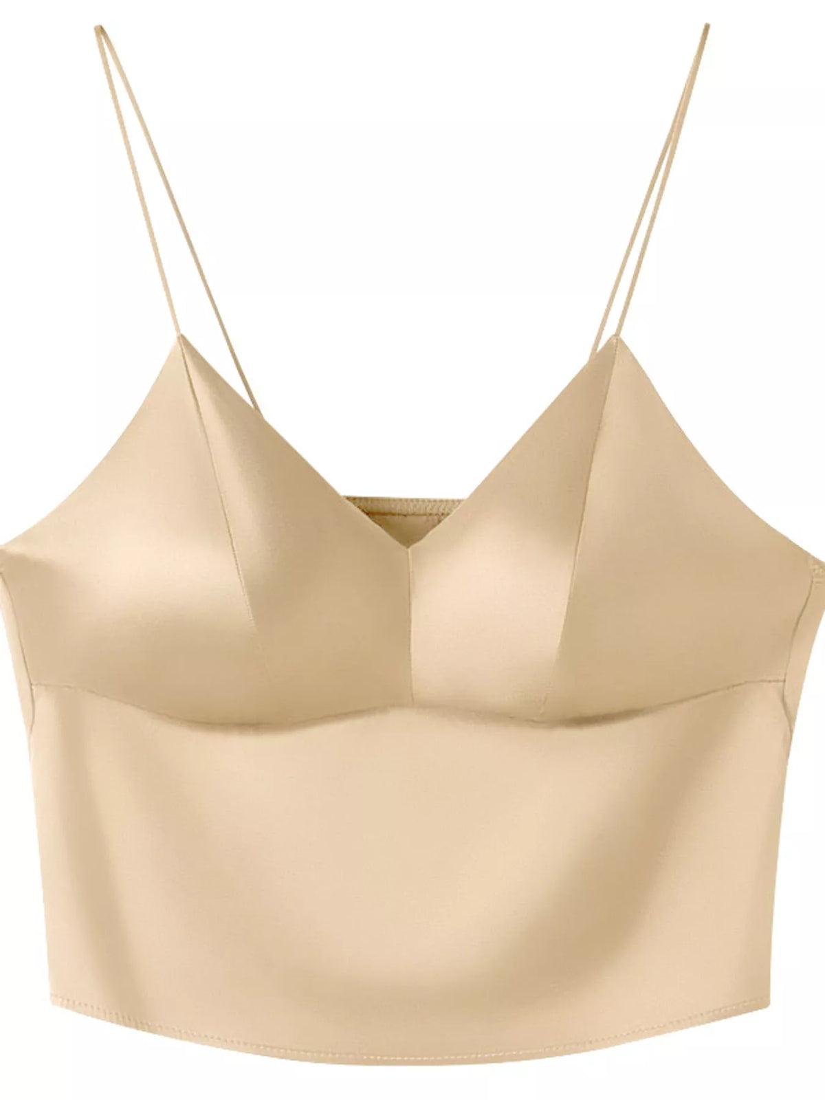 Beige satin v neck cami, front view