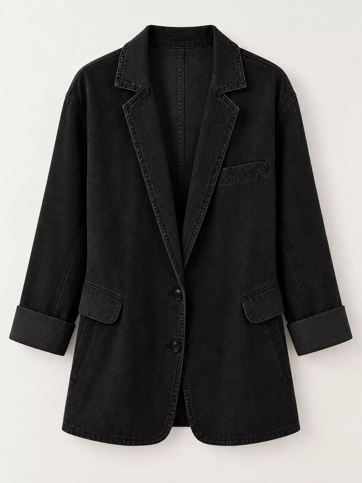Lapel Collar Long Sleeve Denim Blazer in black