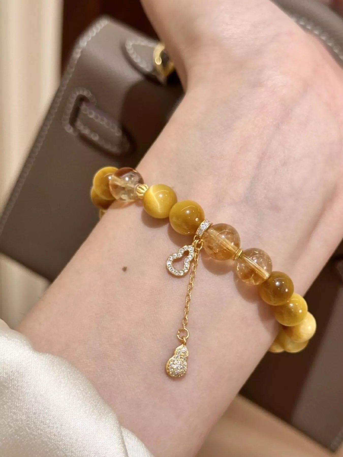 Trendsi Tiger Eye Beaded Bracelet with Gourd Charm -