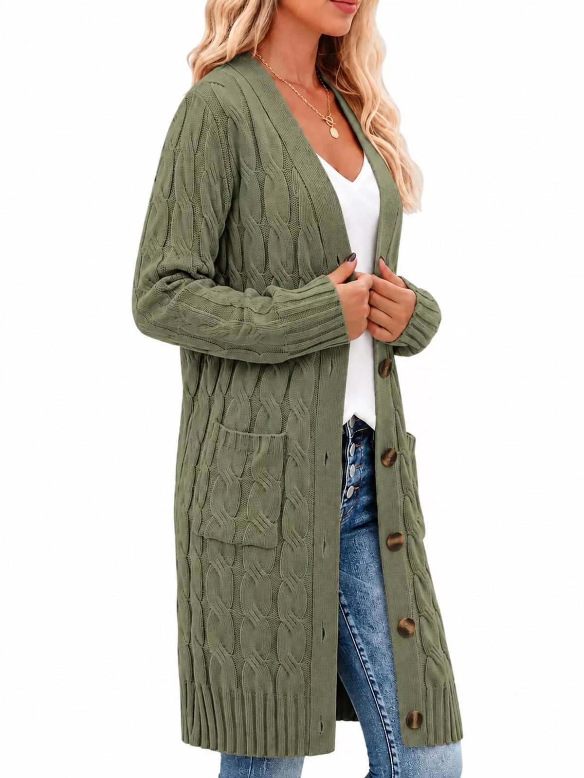 Cable Knit Button-Down Cardigan with Pockets — side view