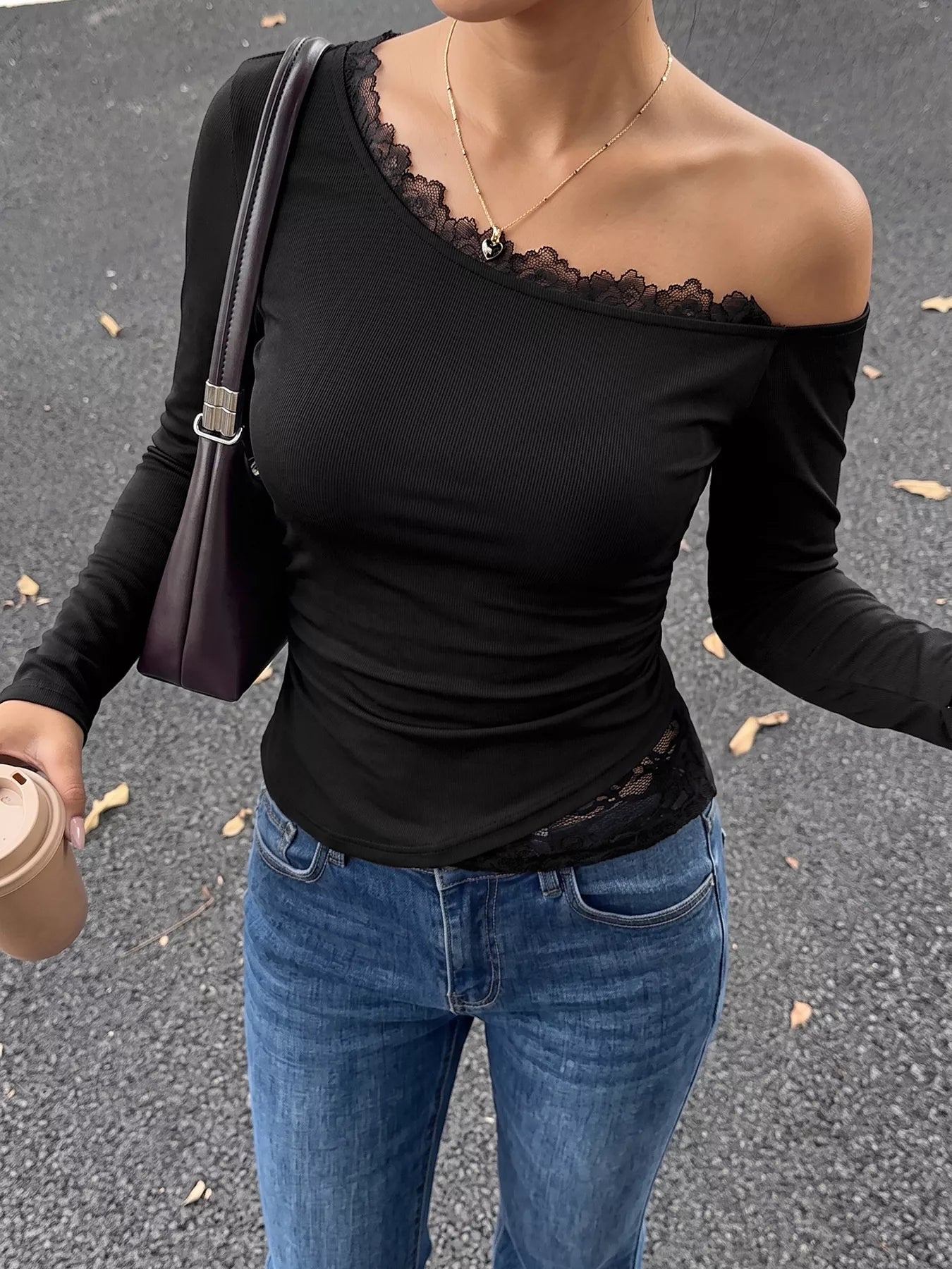 Trendsi One-Shoulder Lace Trim Slim Fit T-Shirt -