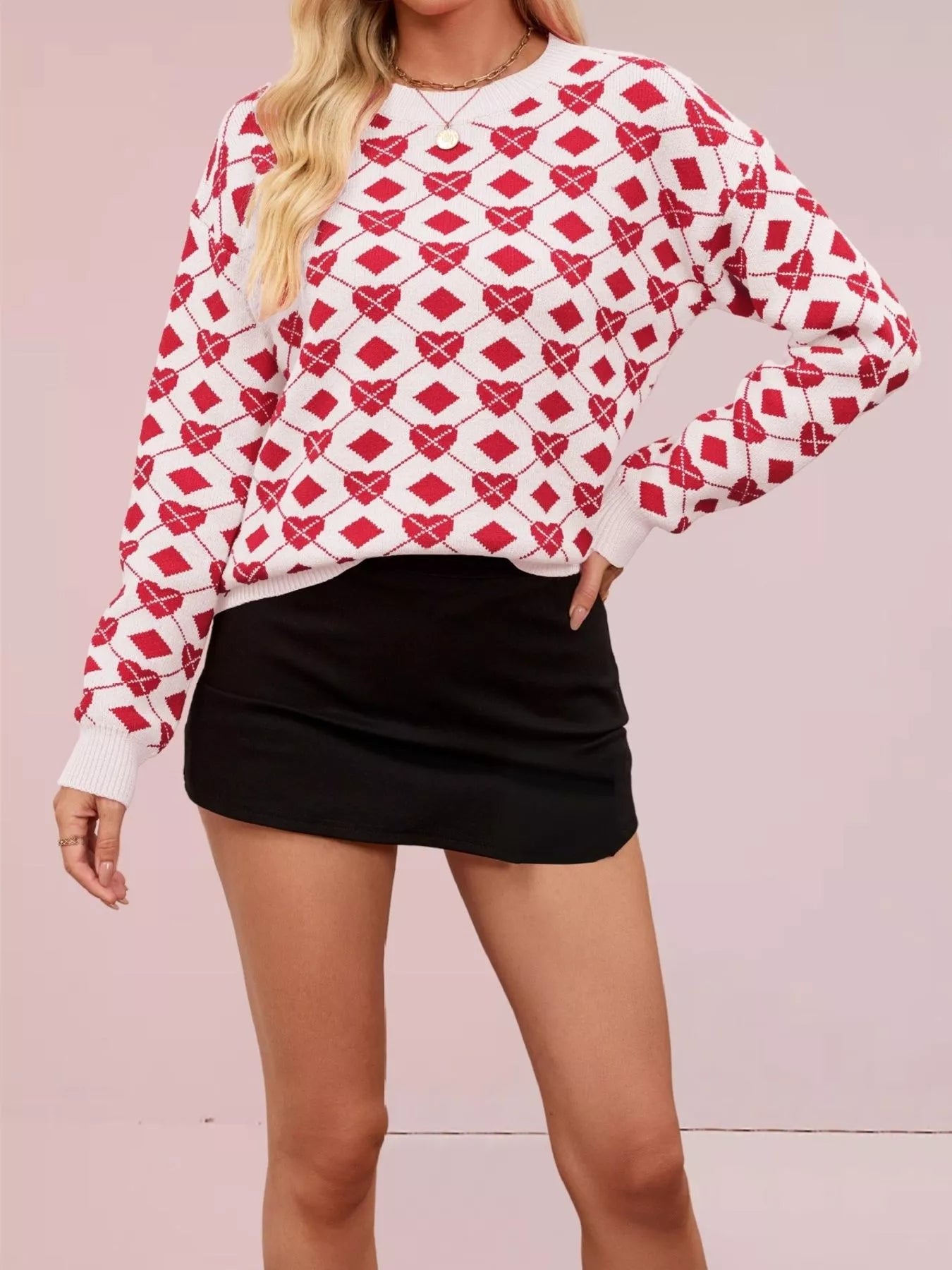 Trendsi Heart Pattern Argyle Knit Long Sleeve Sweater -