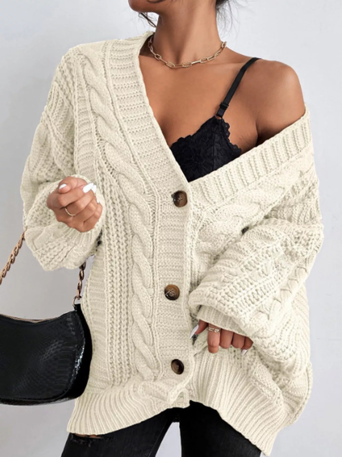 Cream cable knit button-down cardigan