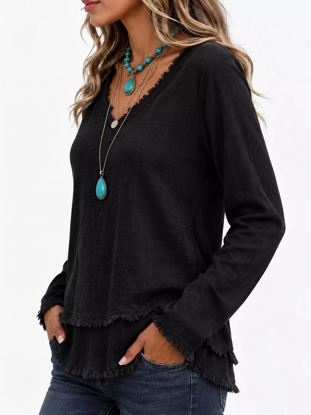 Frayed V-neck blouse, black side