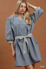 Trendsi Umgee Textured Contrast Trim Tie Waist Mini Dress -