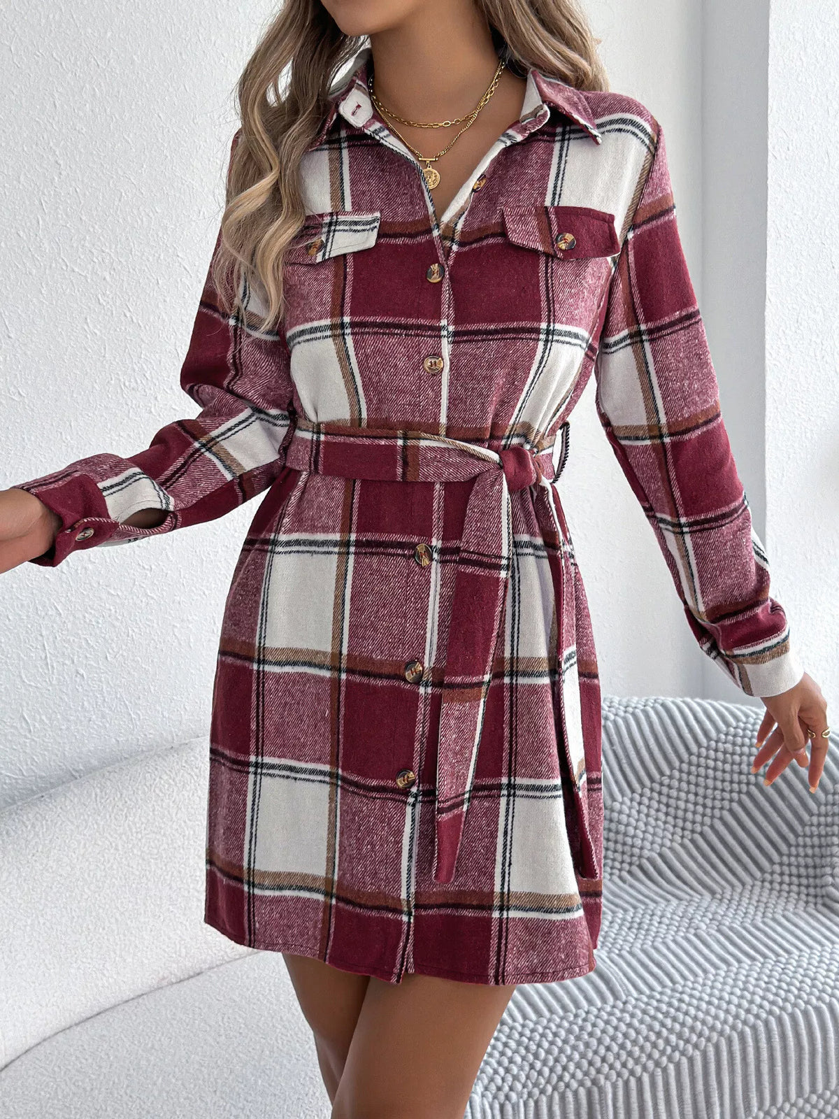 Red plaid button-front belted shirt dress