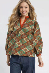 Trendsi Umgee Abstract Print Ruffle Neck Top -