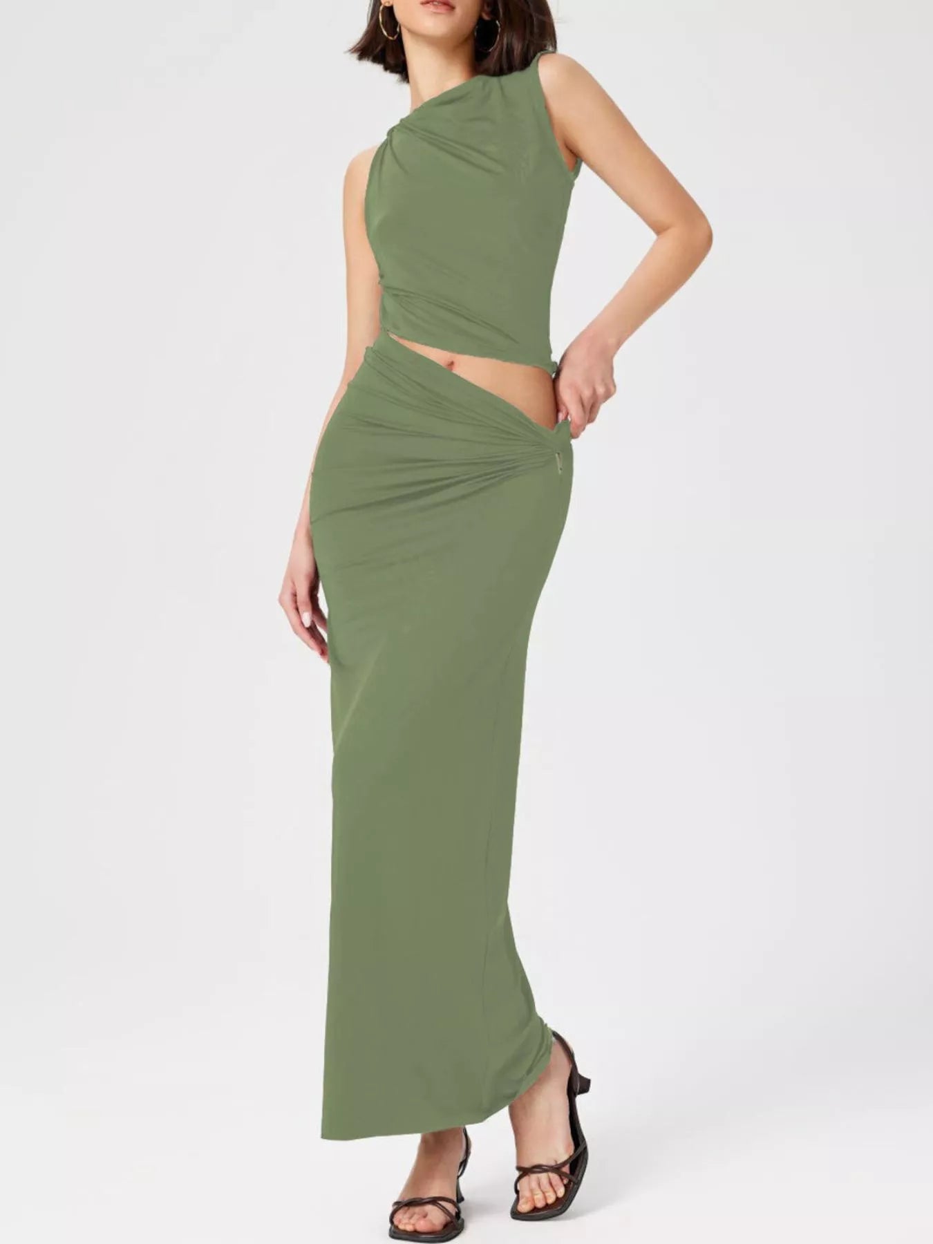 Trendsi Asymmetrical Ruched Knit Top and Skirt Set - Shirts