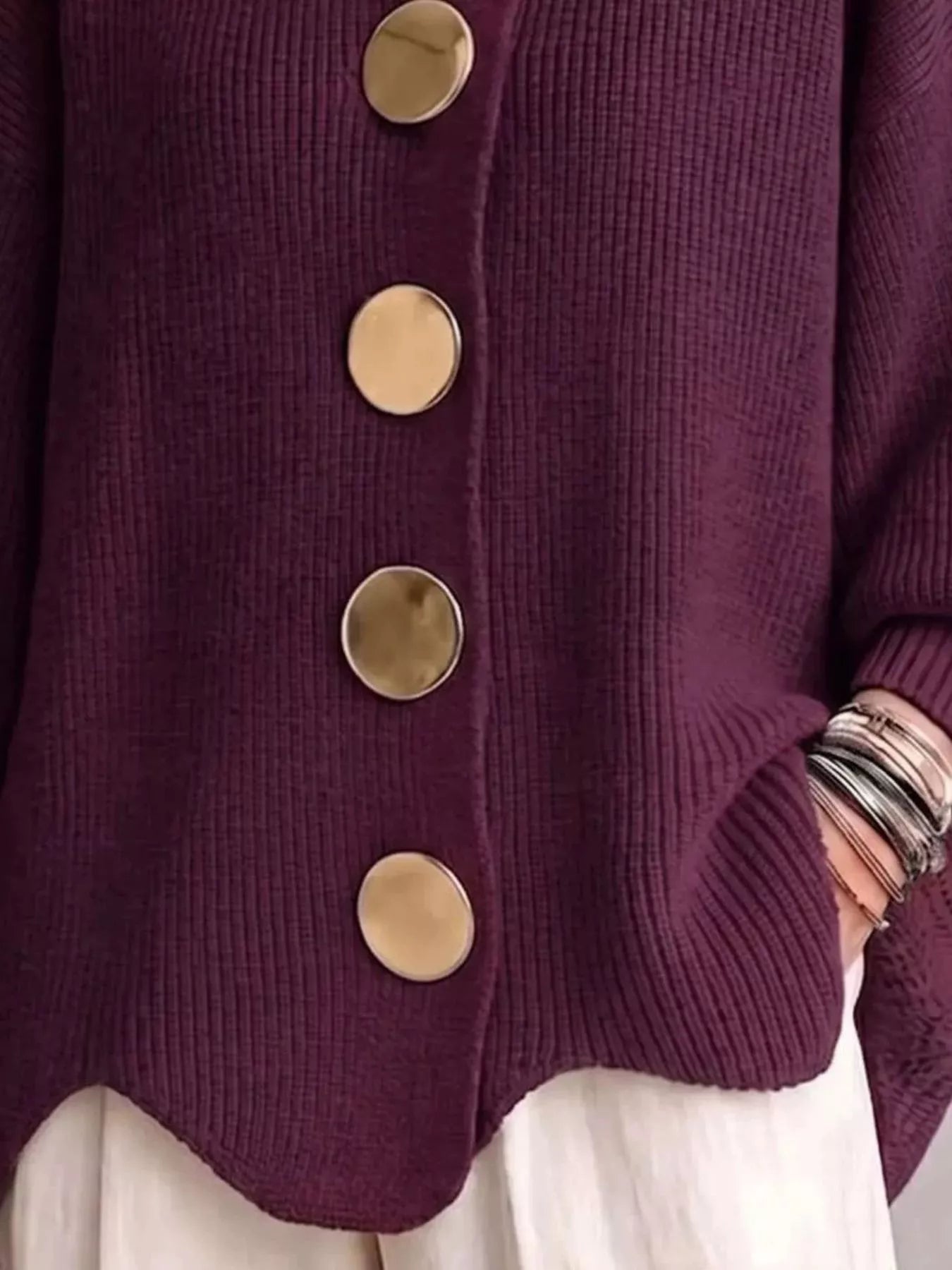 Trendsi Full Size Gold Buttons Lantern Sleeve Cardigan Plus Size -
