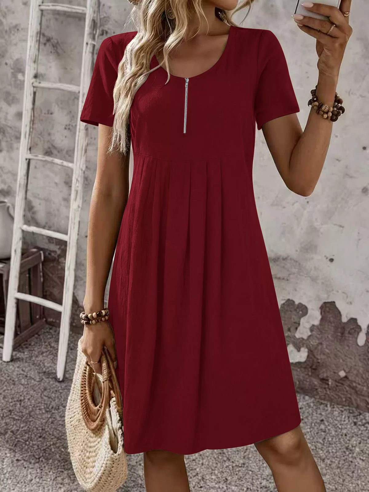 Trendsi Zipper-Front Short Sleeve A-Line Dress -