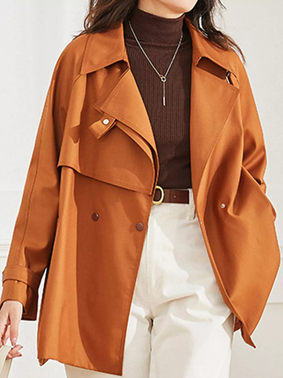 Double-Breasted Tie Waist Trench Coat in orange