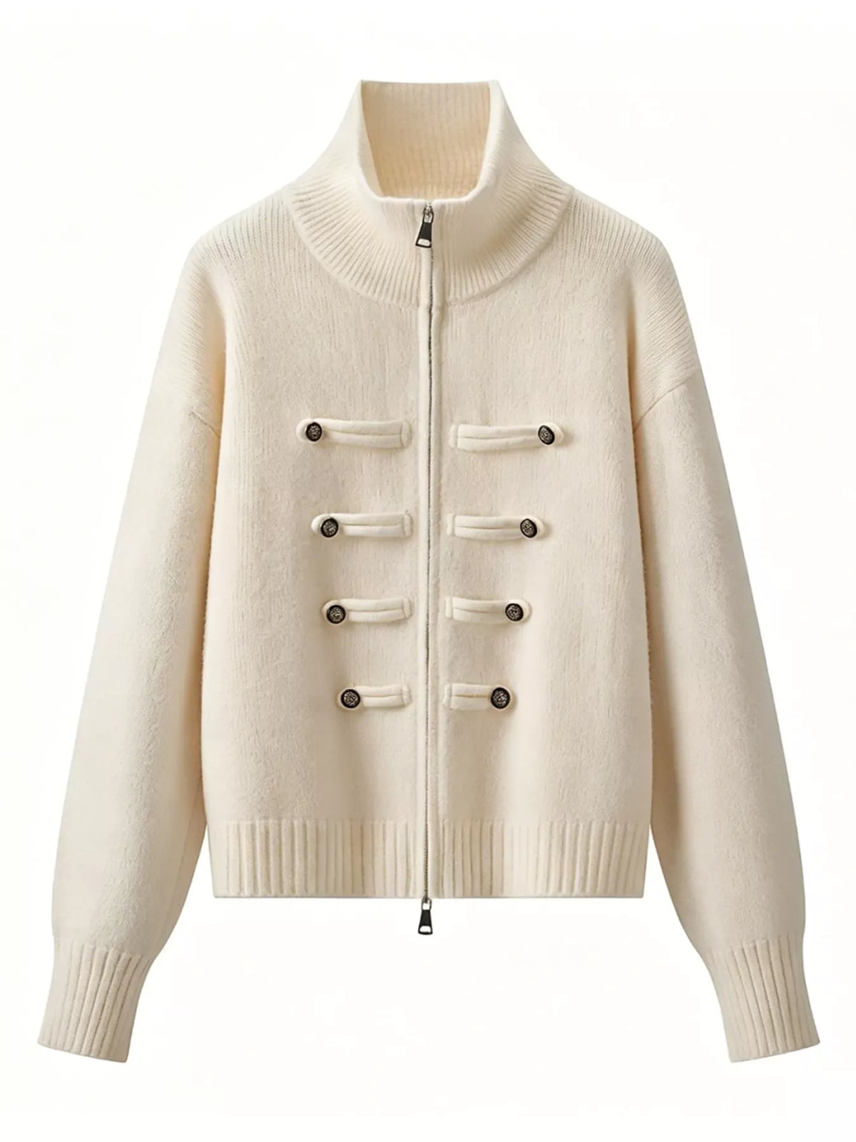 Beige turtleneck zip-up cardigan