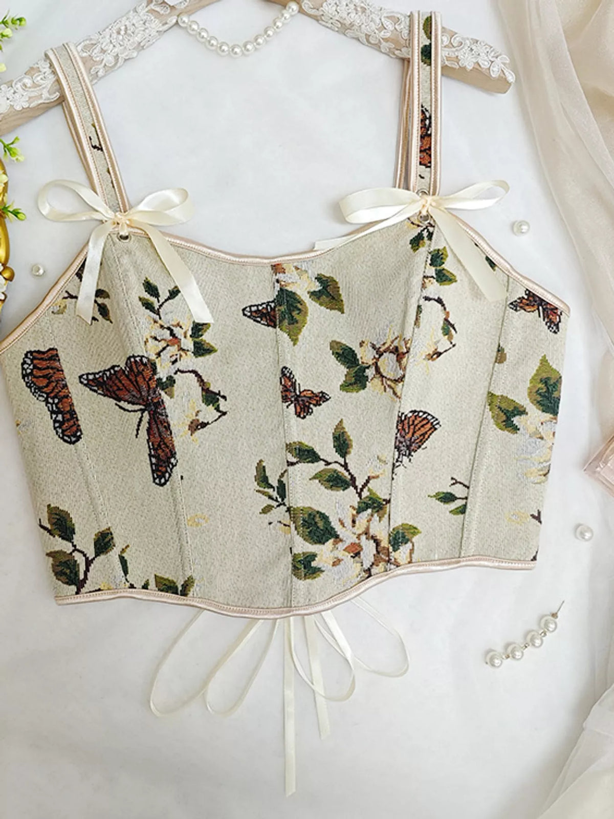 Cream floral lace-up back tank