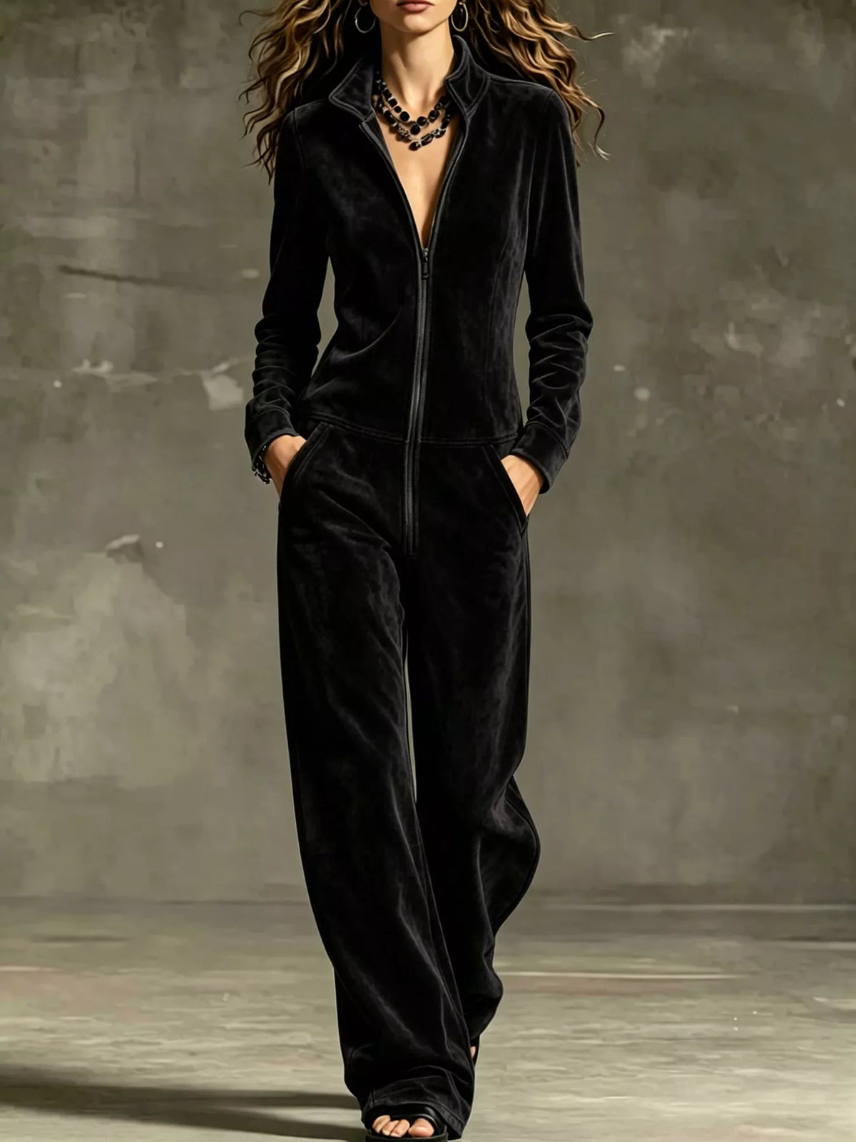 Velour Zip-Up Jumpsuit with Pockets, front view