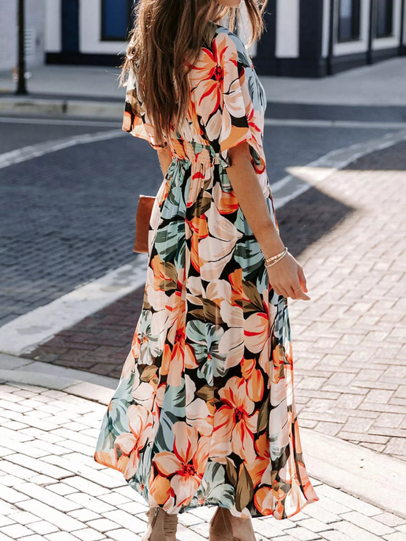Trendsi Floral Print V-Neck High Slit Maxi Dress -